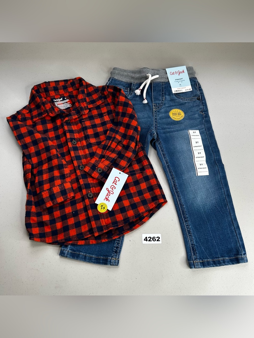 Cat & Jack Boys 2T 2pc Plaid Button-Up Shirt & Denim Jeans Drawstring Stretch